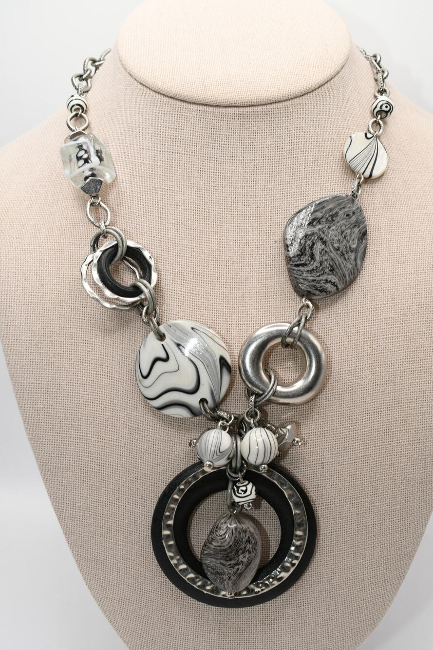 Chico's Statement Necklace Black White Lucite Wood Ring Silver Tone
